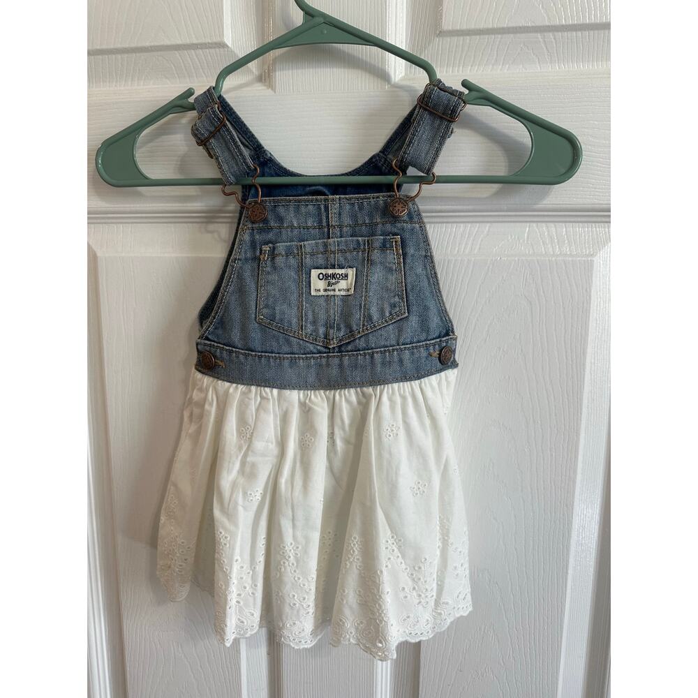 OshKosh B'Gosh Denim Overall Dress White Eyelet Skirt Sz 2T